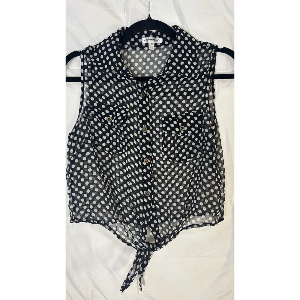 ROOMMATES Black White Polka Dot Sheer Sleeveless Tie Front Shirt Top Womens‎ Med